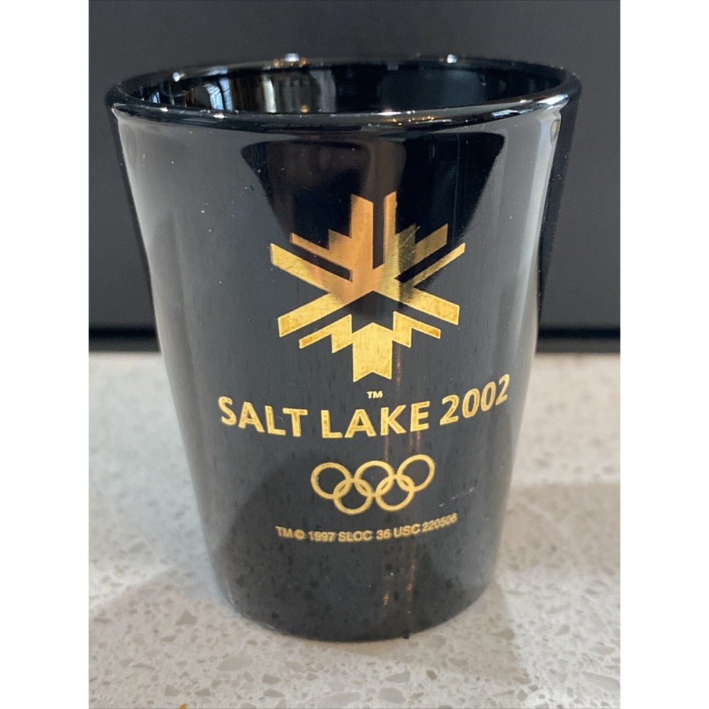 Salt Lake 2002 Olympics Black Shot Glass With Gold Logo & Letters